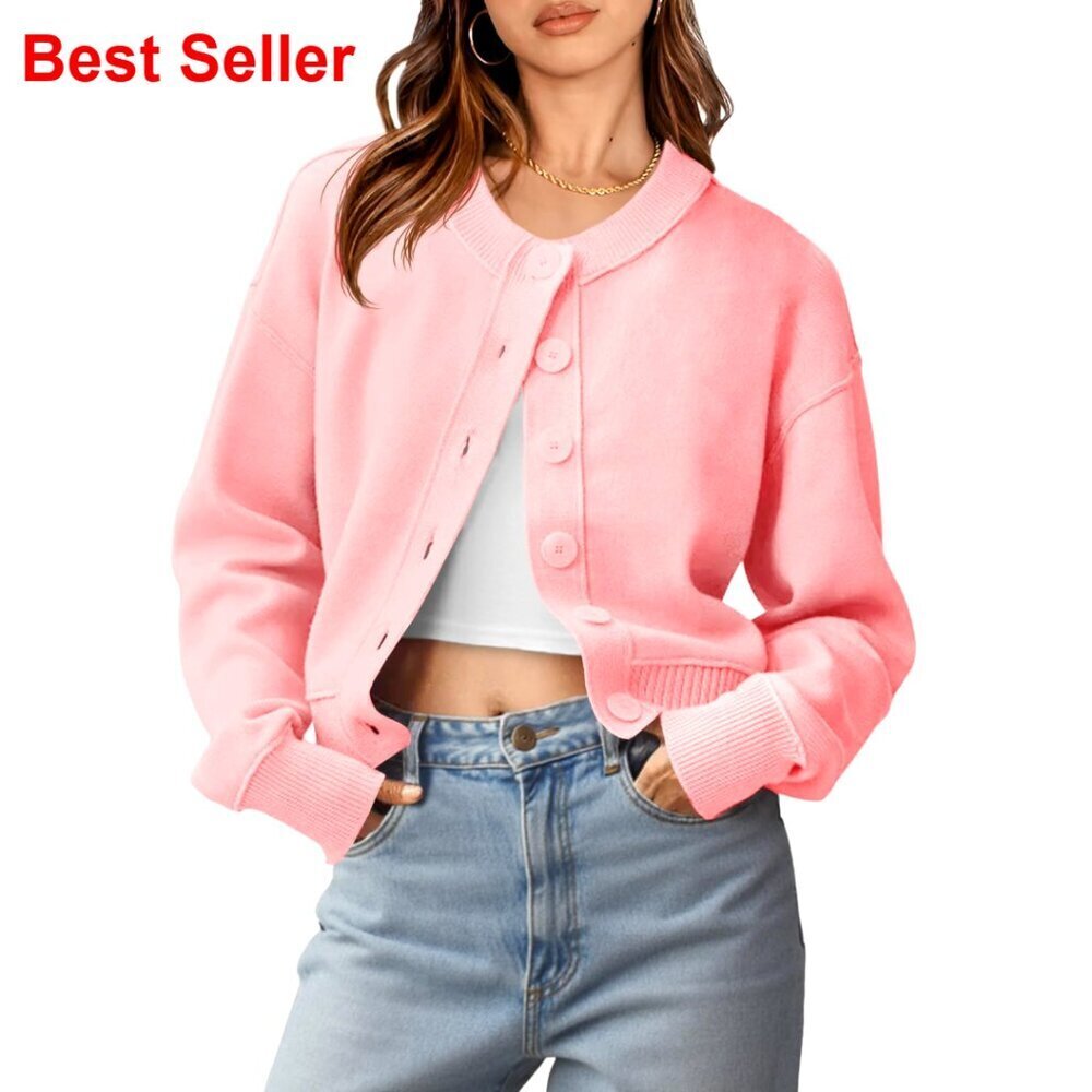 Cropped Button Up Cardigan Long Sleeve Knit Sweater Jacket Women's